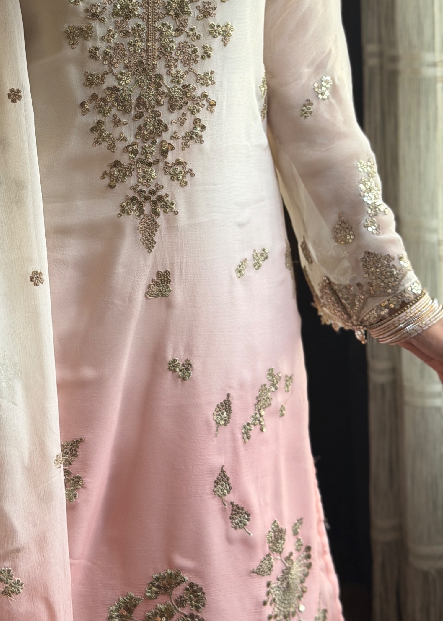 chiffon Kurta Set in Pink, off-white