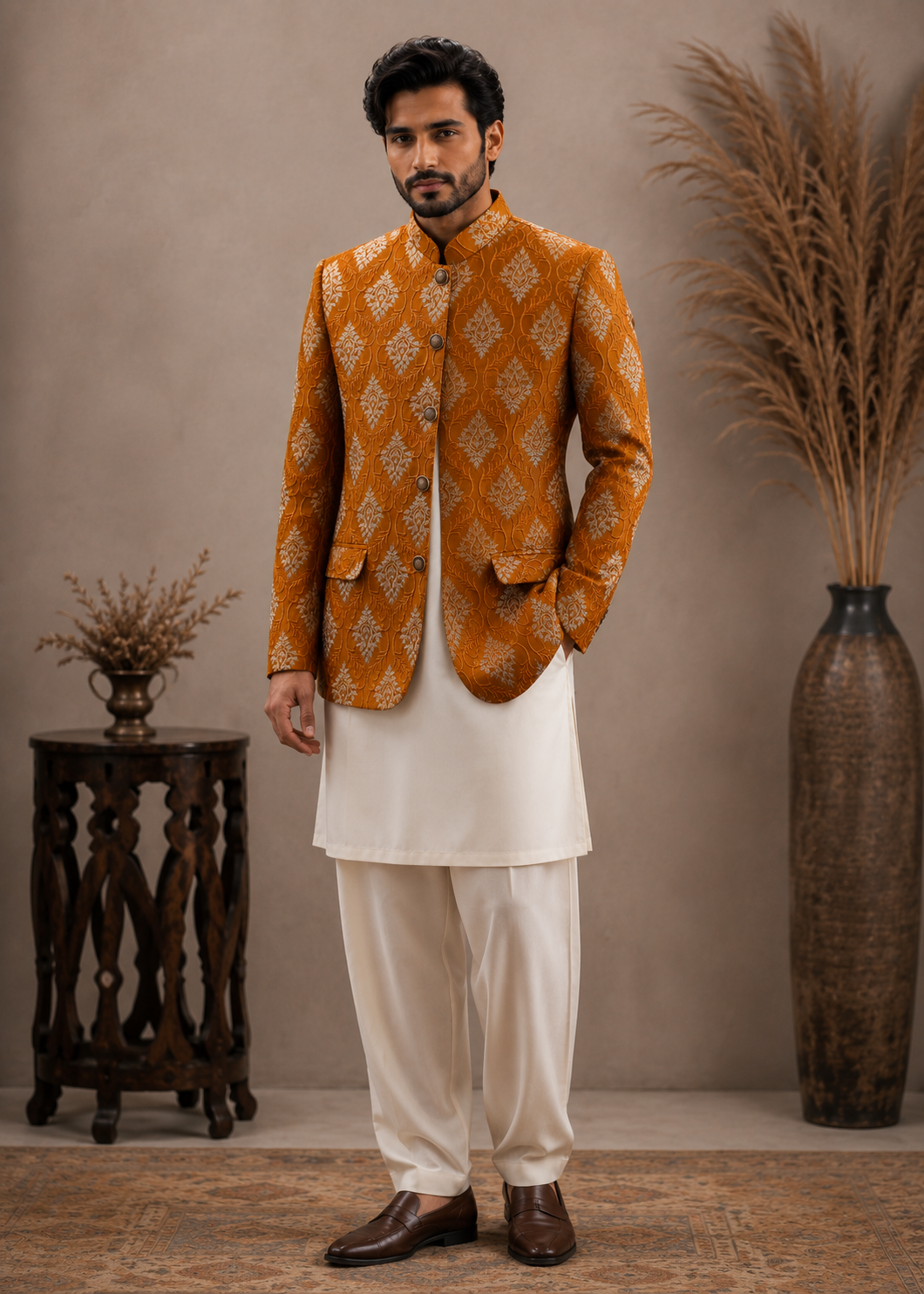 raw silk Prince Coat in Rust orange