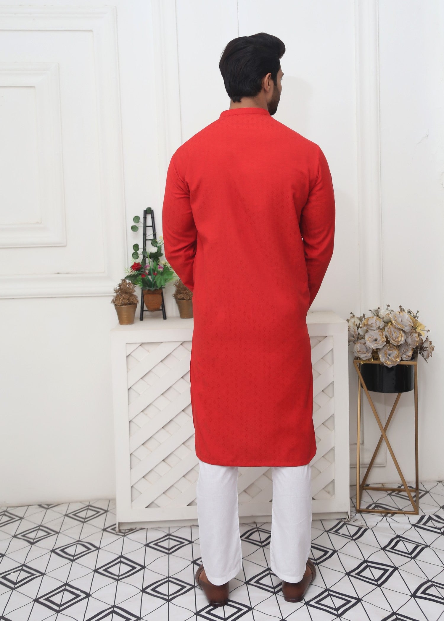 cotton jamawar Kurta in Red