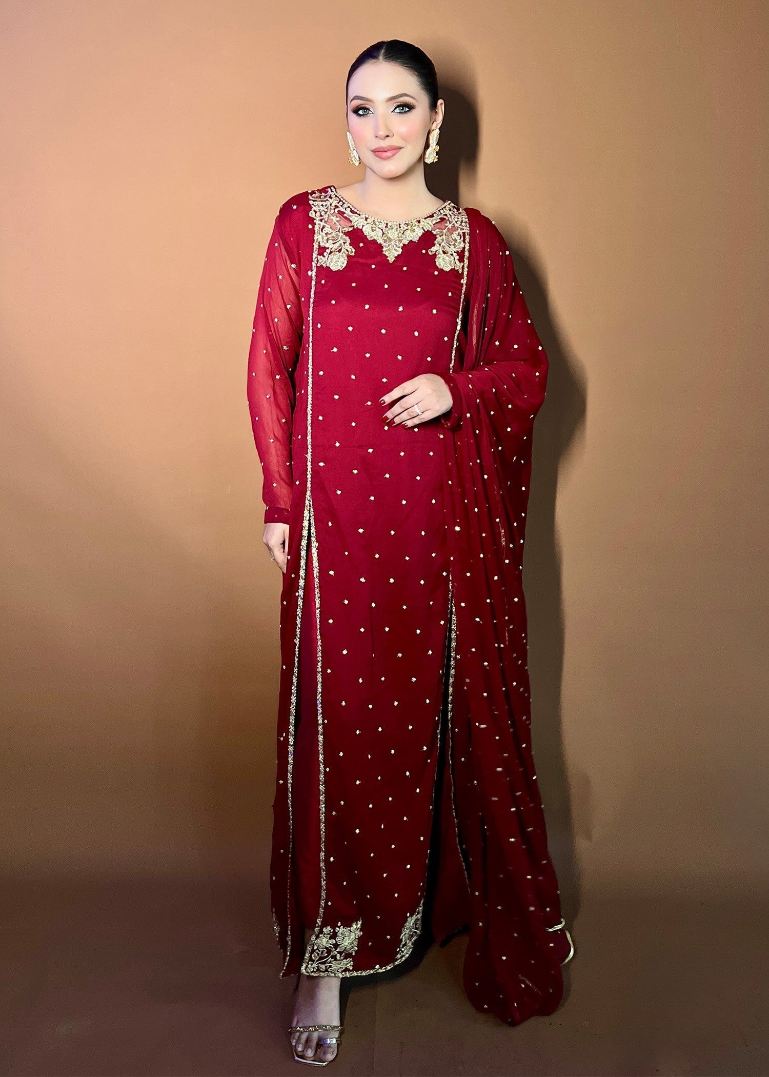 chiffon Pishwas in Maroon