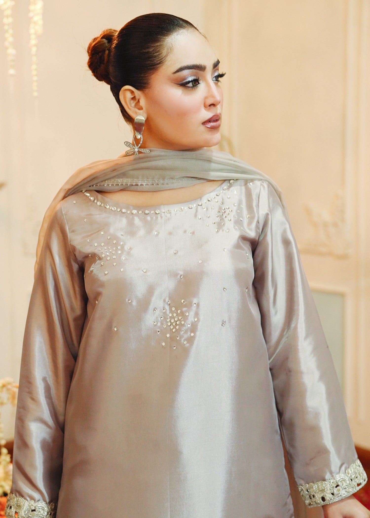 korean raw silk Kurta Set in Silver