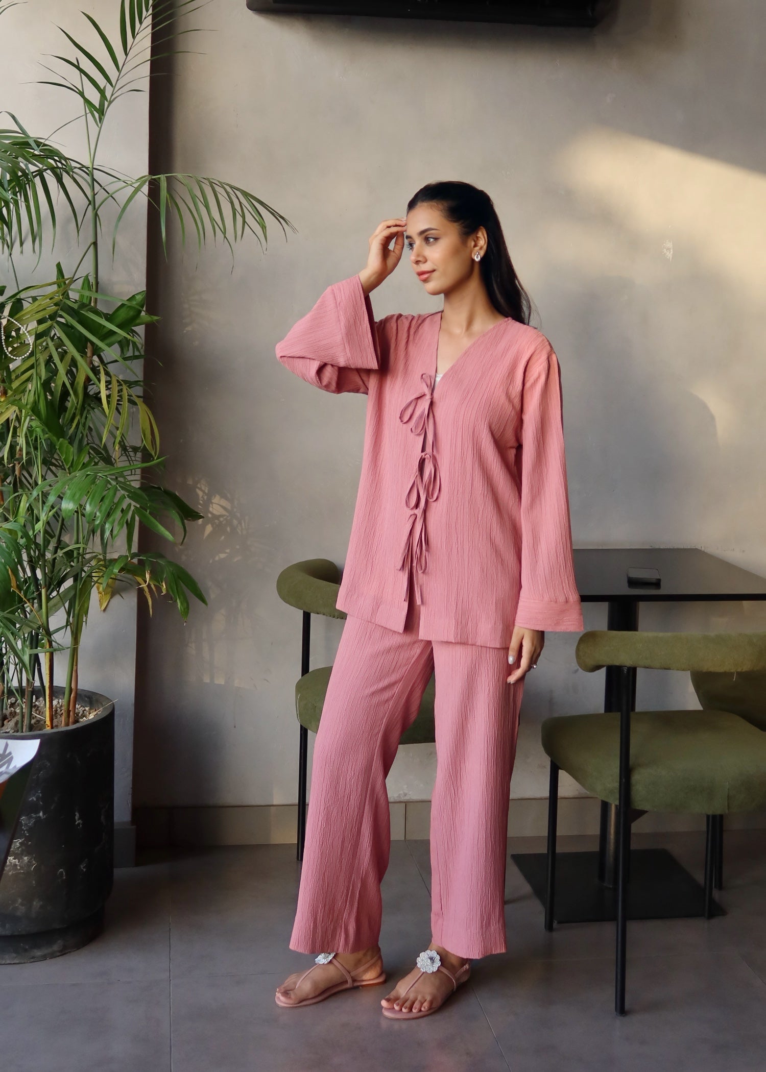 dobby crepe Co Ord Sets in Pink sherbert