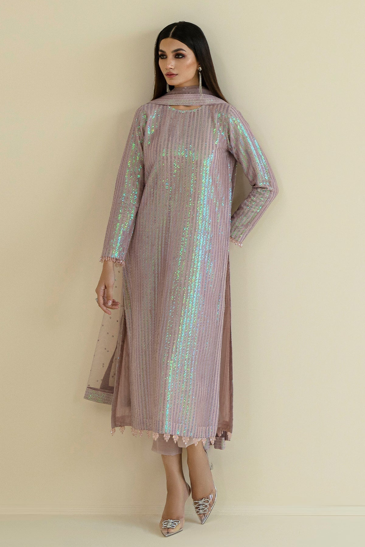net Kurta Set in Mauve