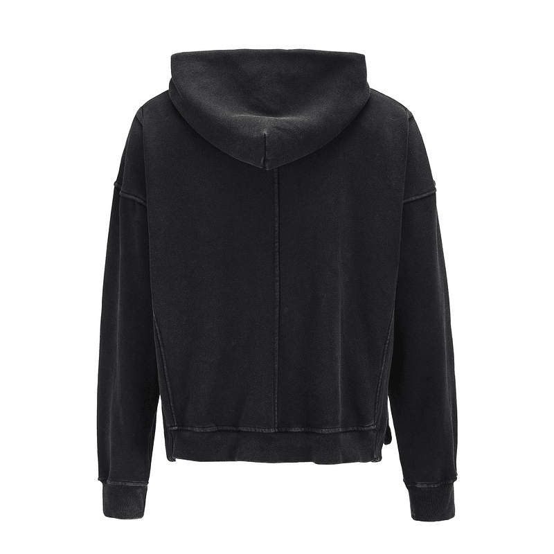 European and American High-Street Washed Short, Personalized Tailoring Side Slit Loose Hooded Sweater