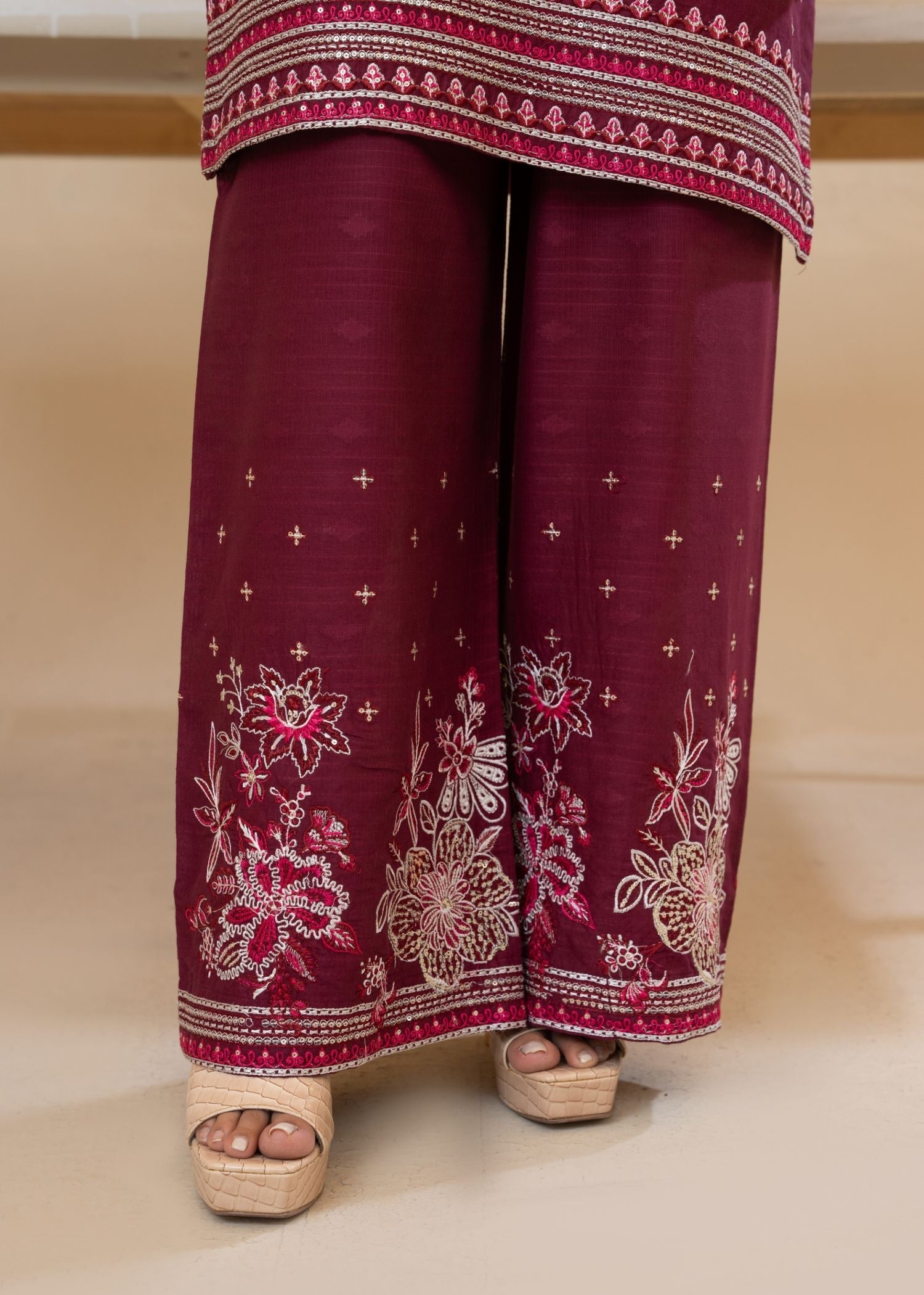cotton jacquard Kurta Set in Wine