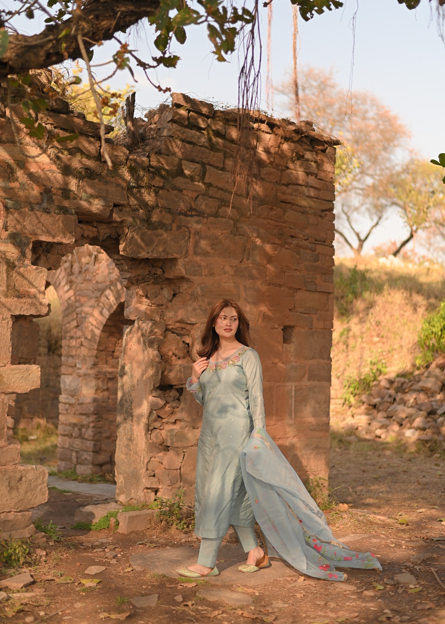 silk crepe Kurta Set in Light blue