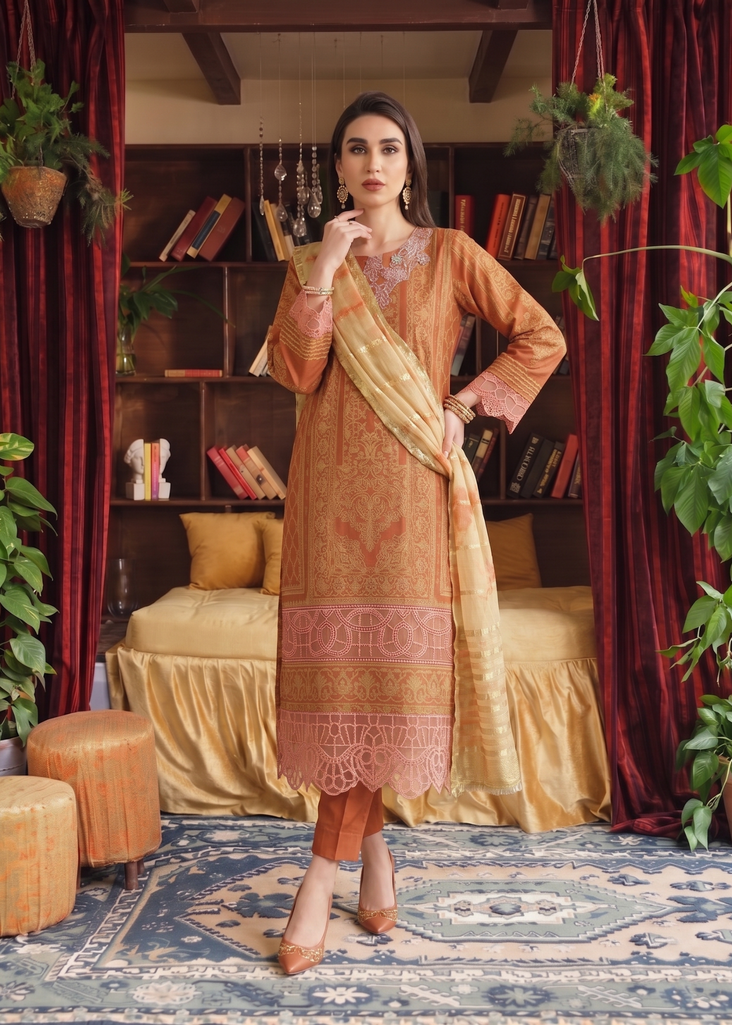 jacquard Kurta Set in Yellow-orange