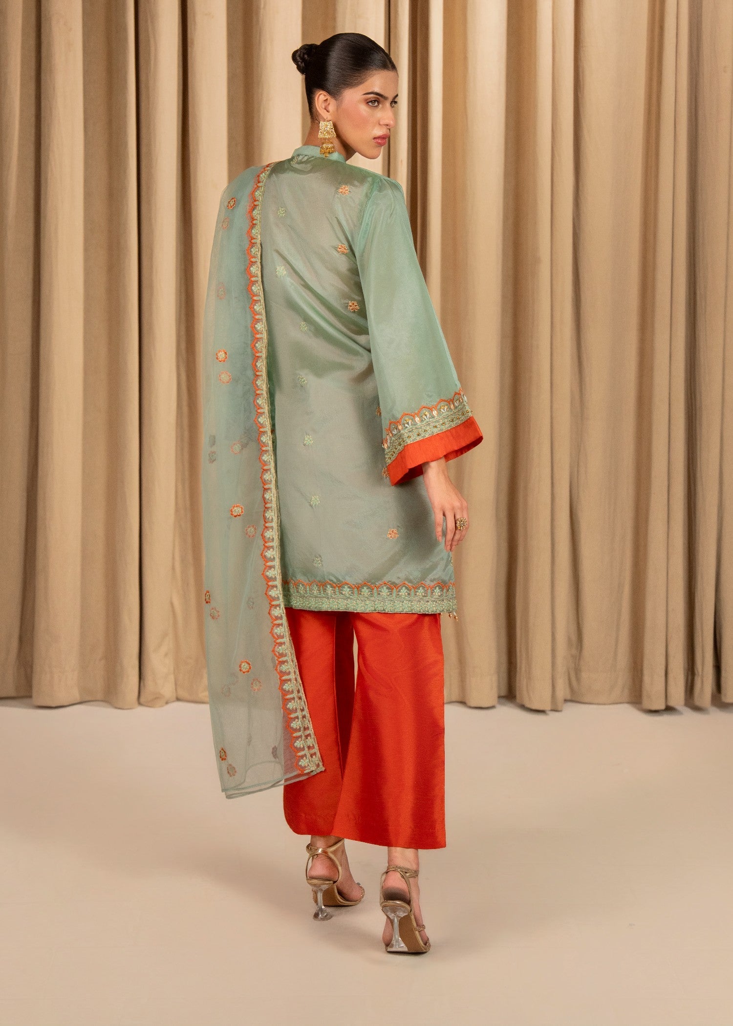 raw silk Gown in Mint green