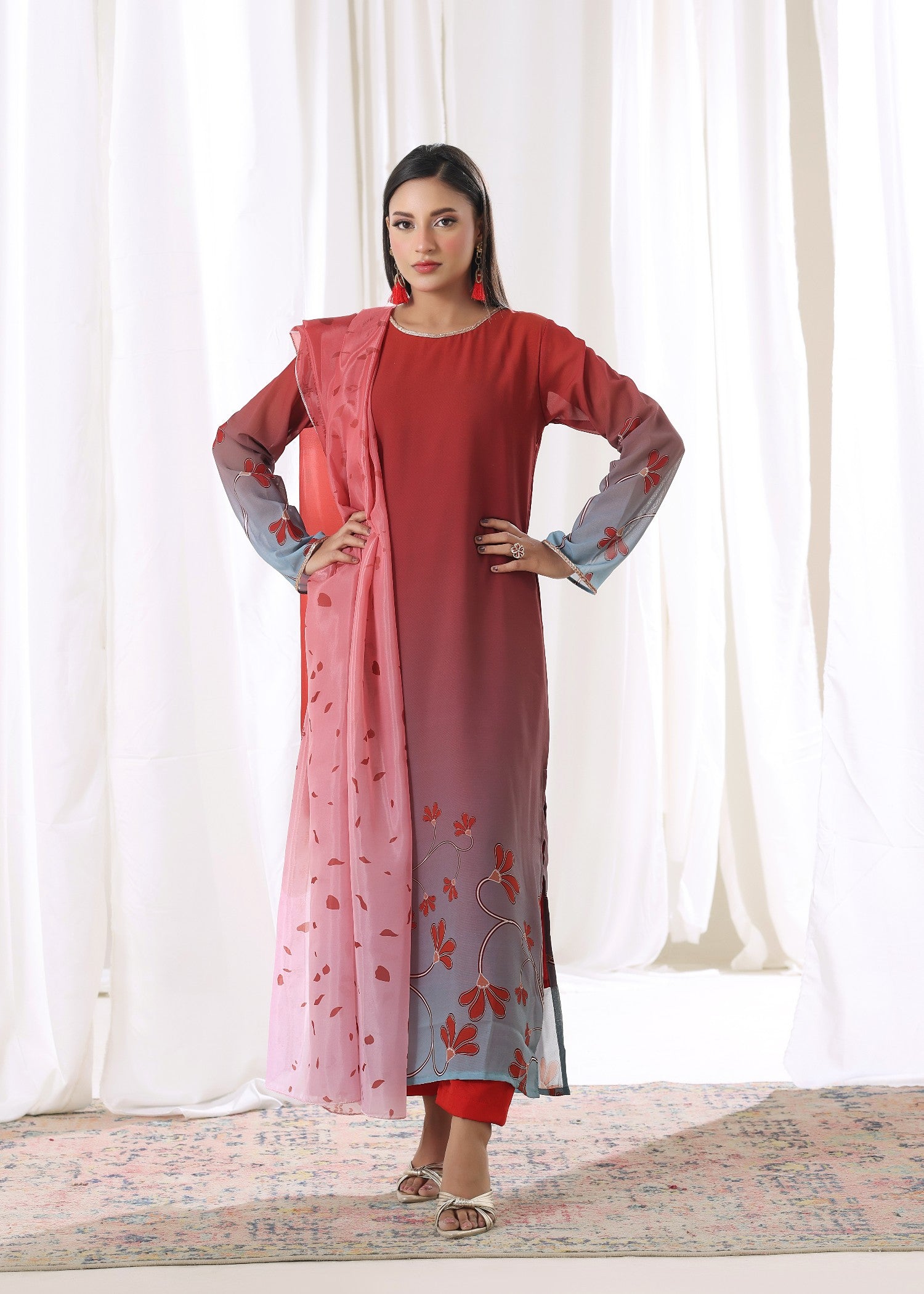 chiffon Kurta Set in Amaranth