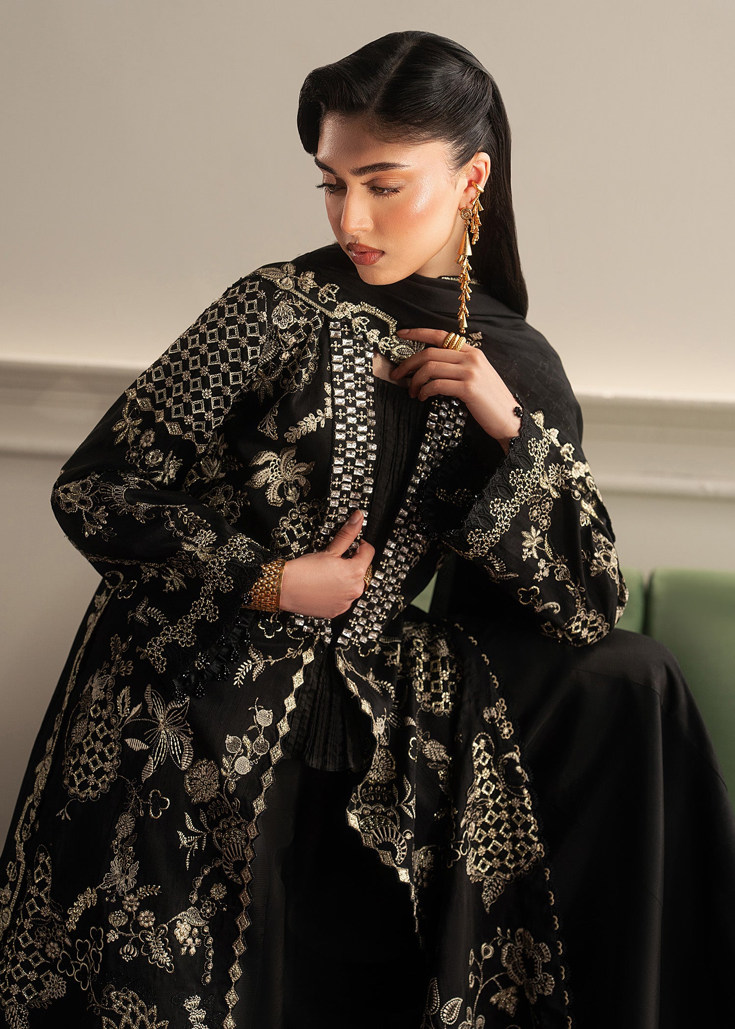 korean raw silk Sharara in Black