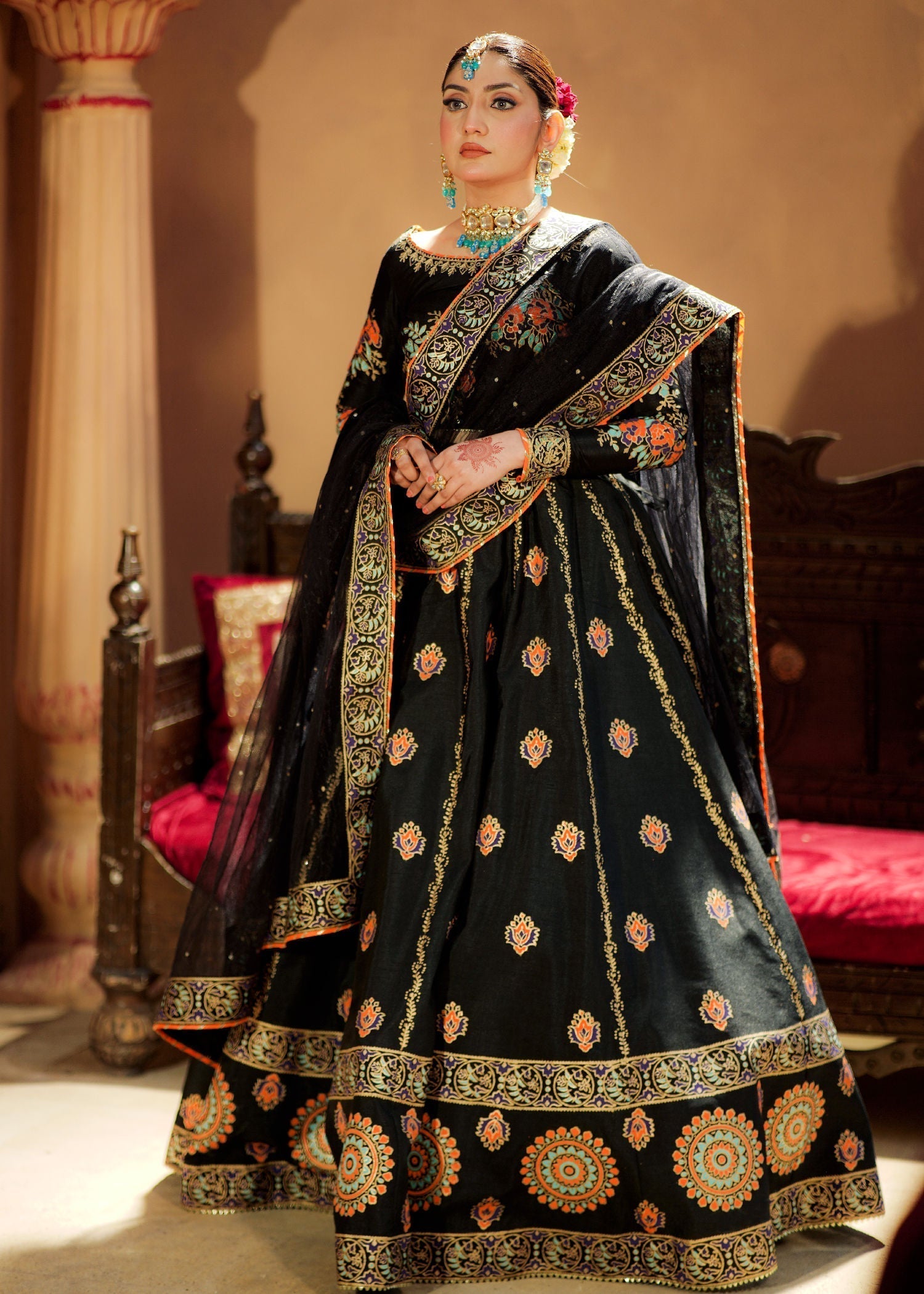raw silk Lehenga in Black