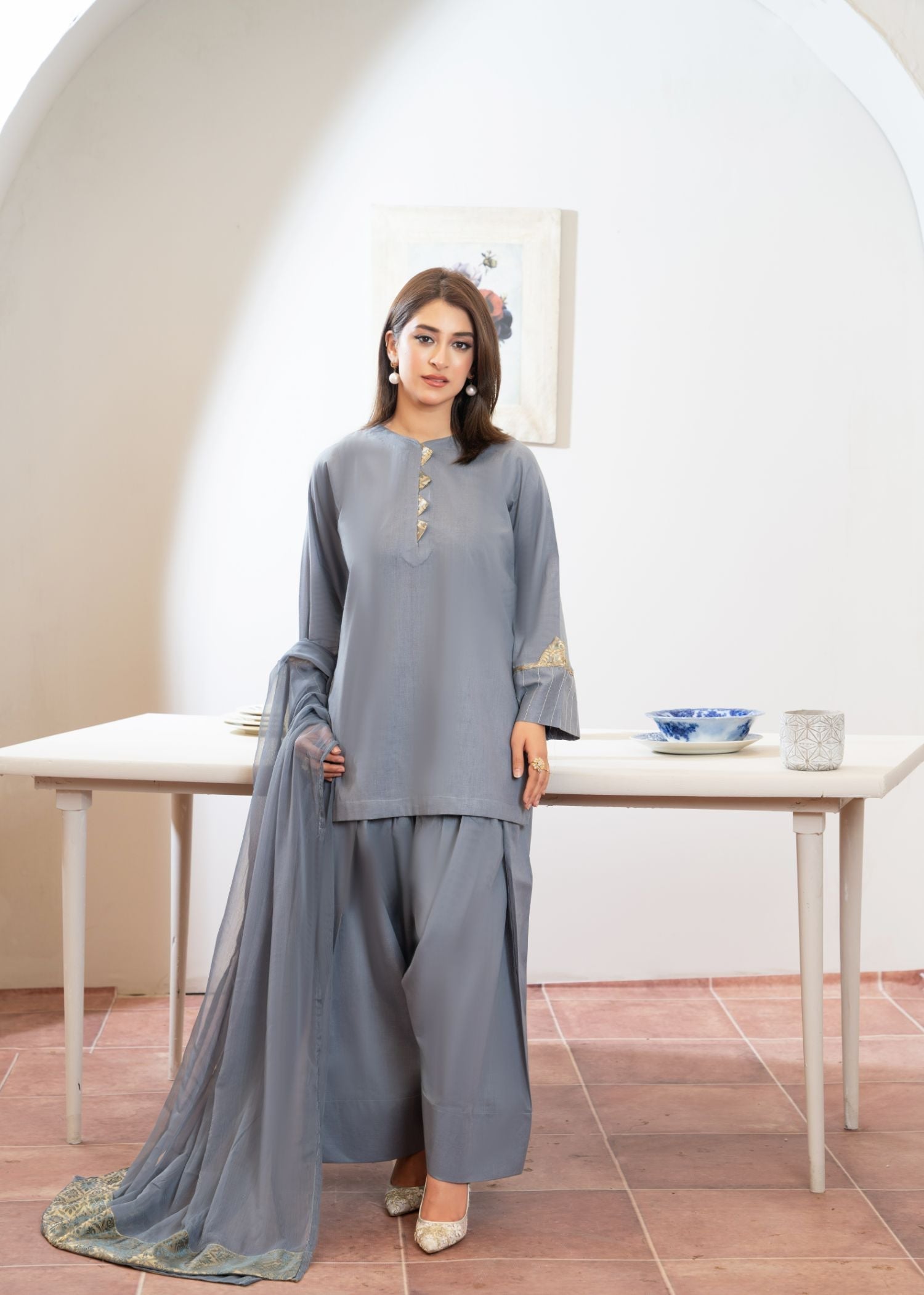 cotton Kurta Set in Slate grey