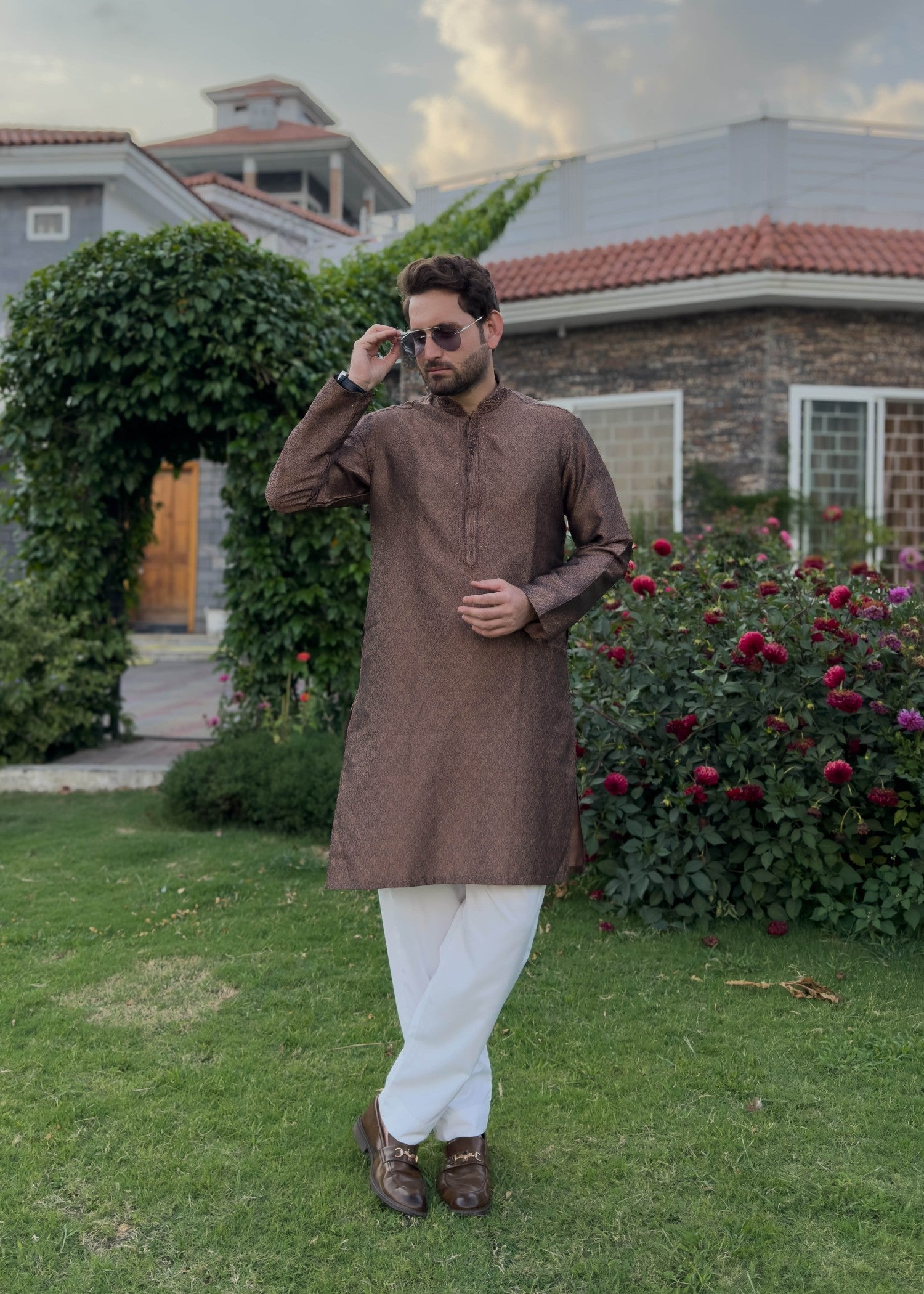 traditional jamawar Kurta in Golden brown