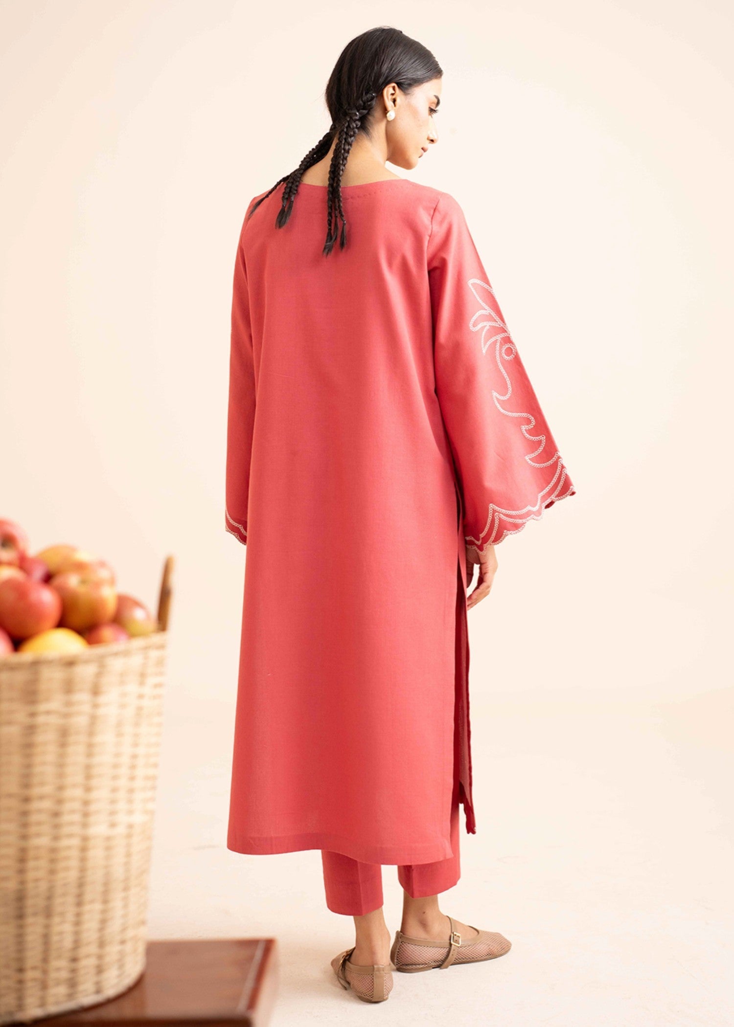 slub khaddar Kurta Set in Coral pink
