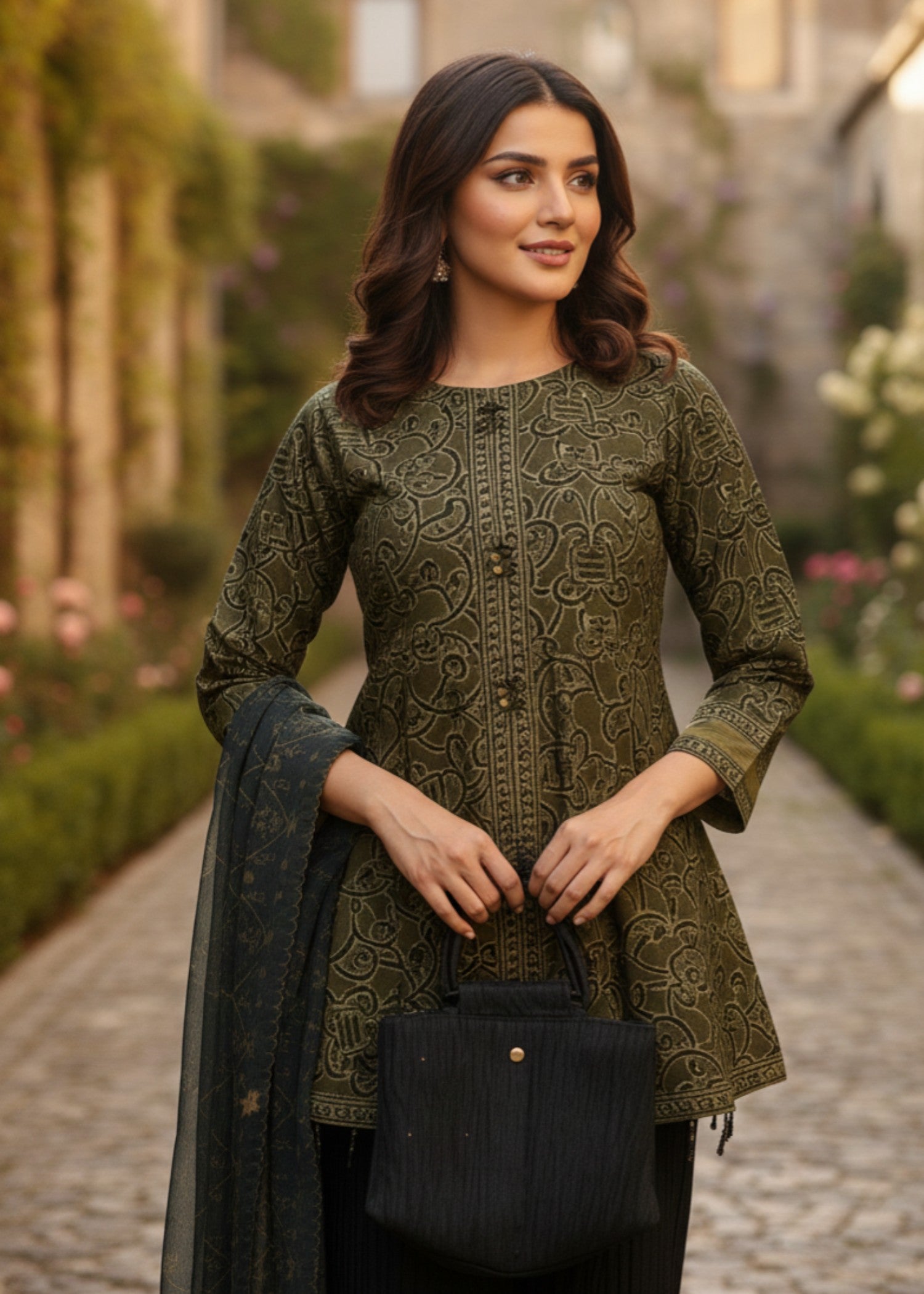 tissue silk Short Frock in Fern green