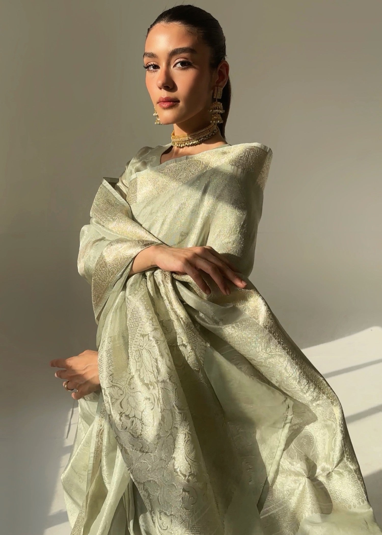 tissue silk Saree in Sage green
