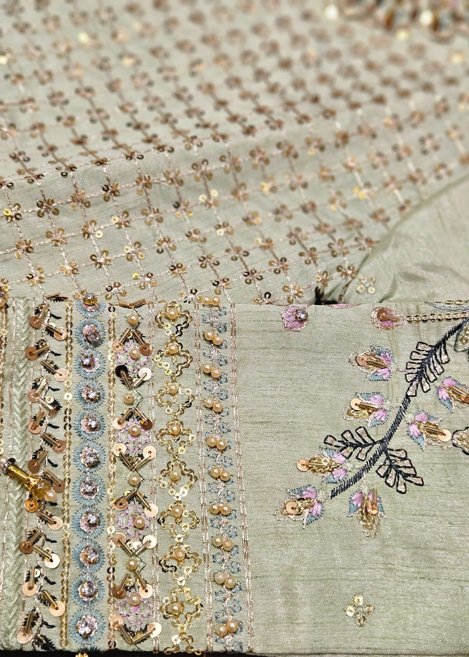 raw silk Lehenga in Multi, pistachio green