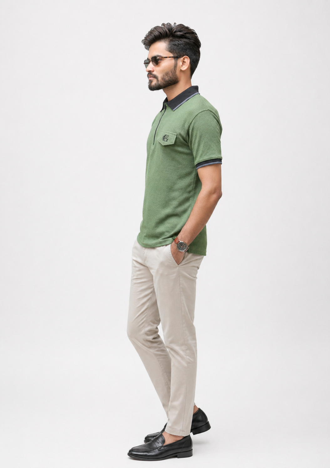 cotton Polo Shirt in Sage green by Glomoria