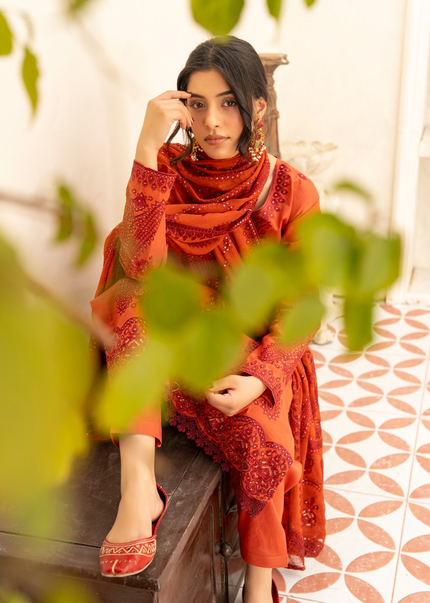lawn cotton Kurta Set in Chili orange