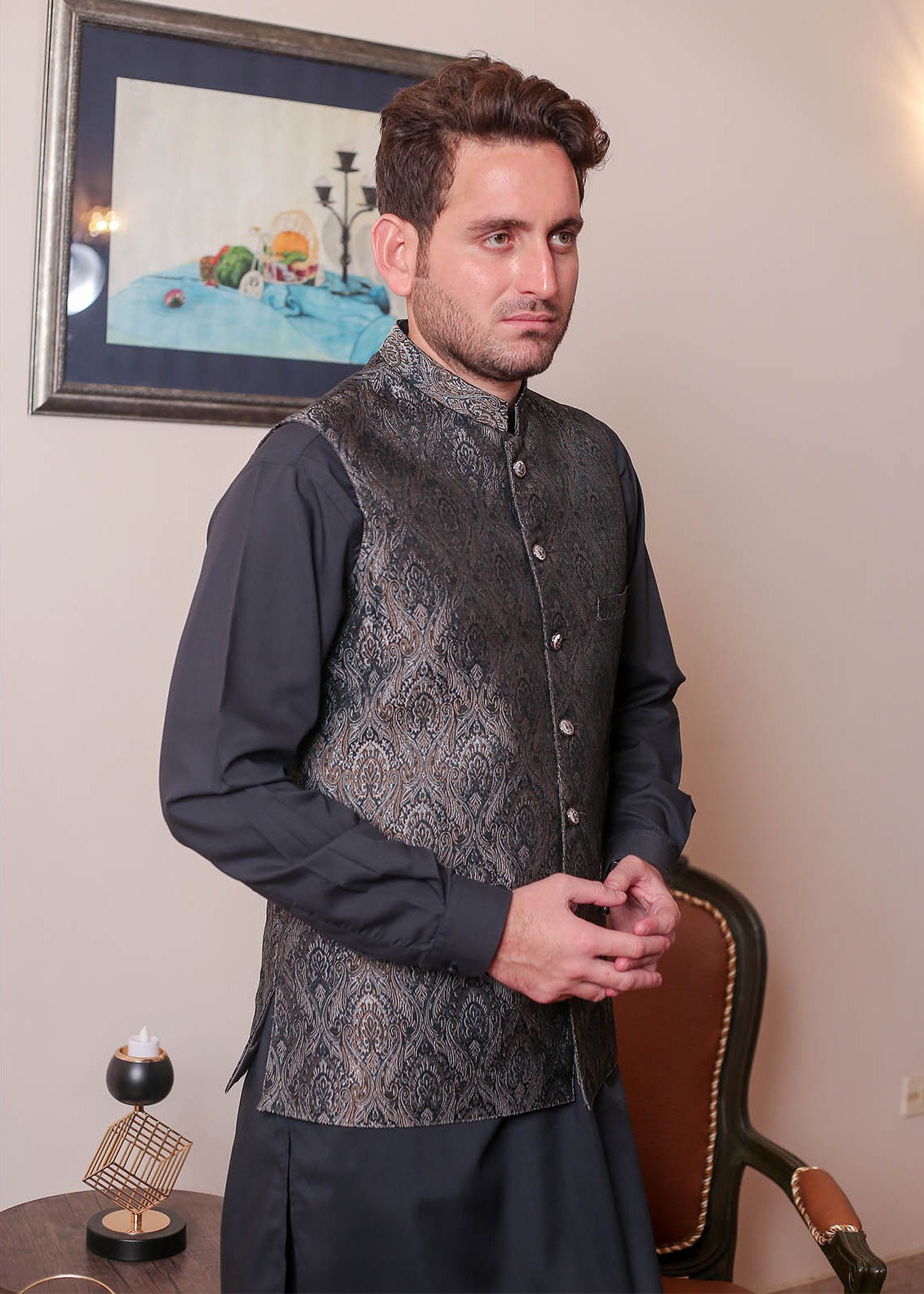 banarsi silk Waistcoat in Dark grey