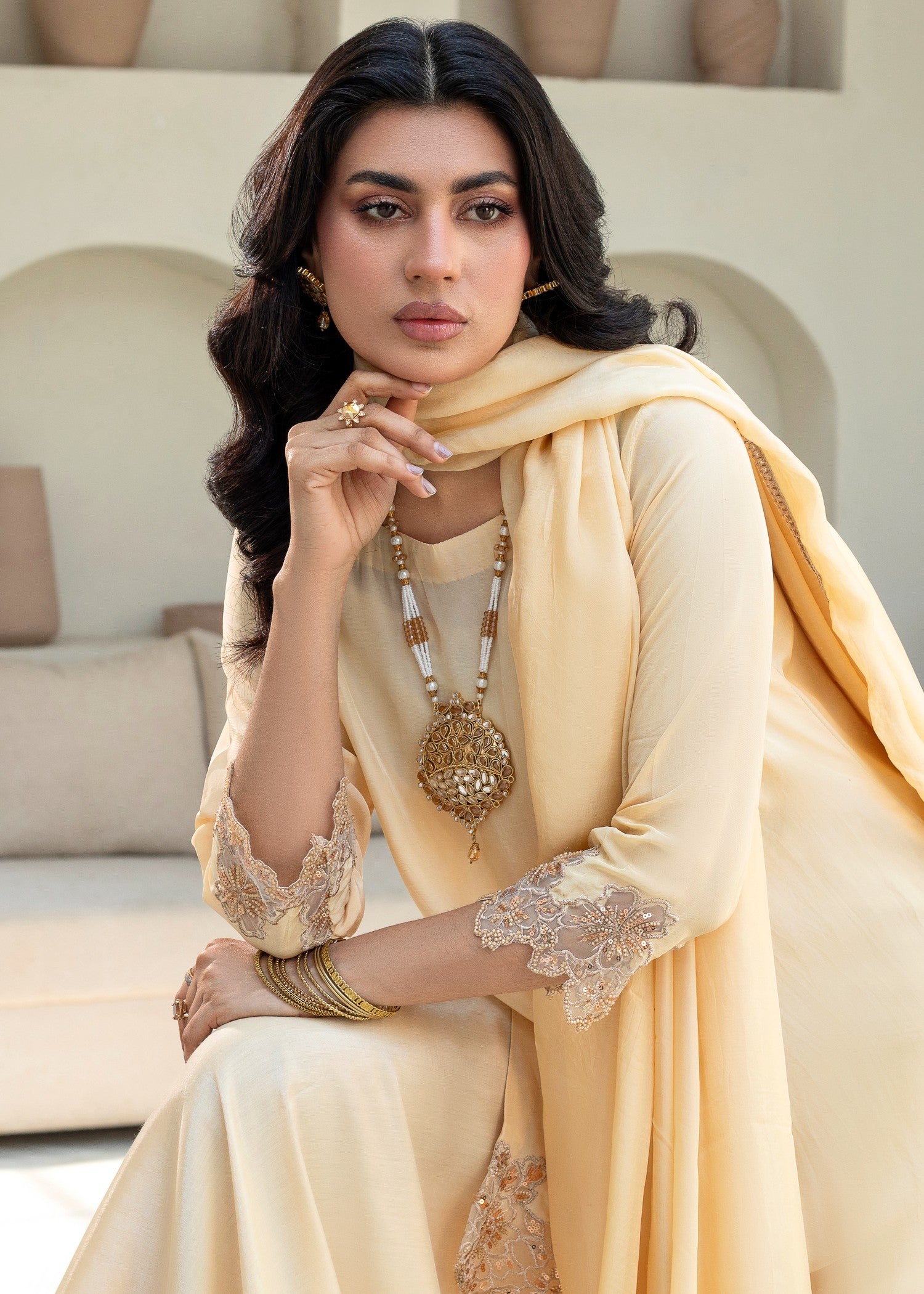 silk Lehenga in Cream