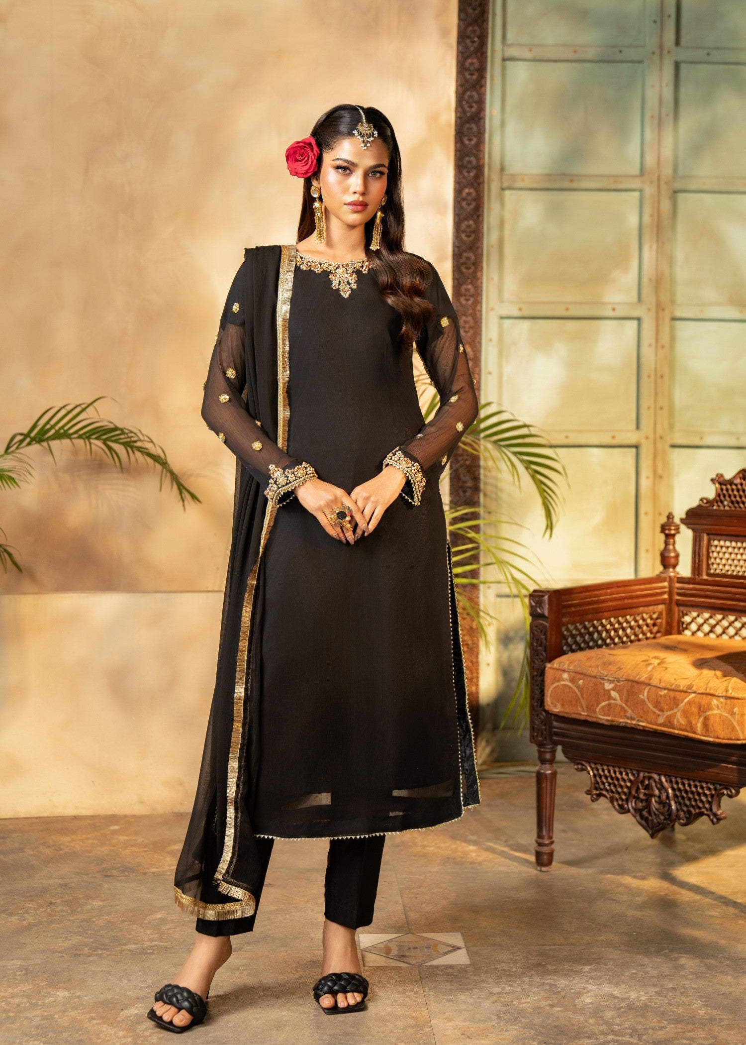 chiffon Kurta Set in Black