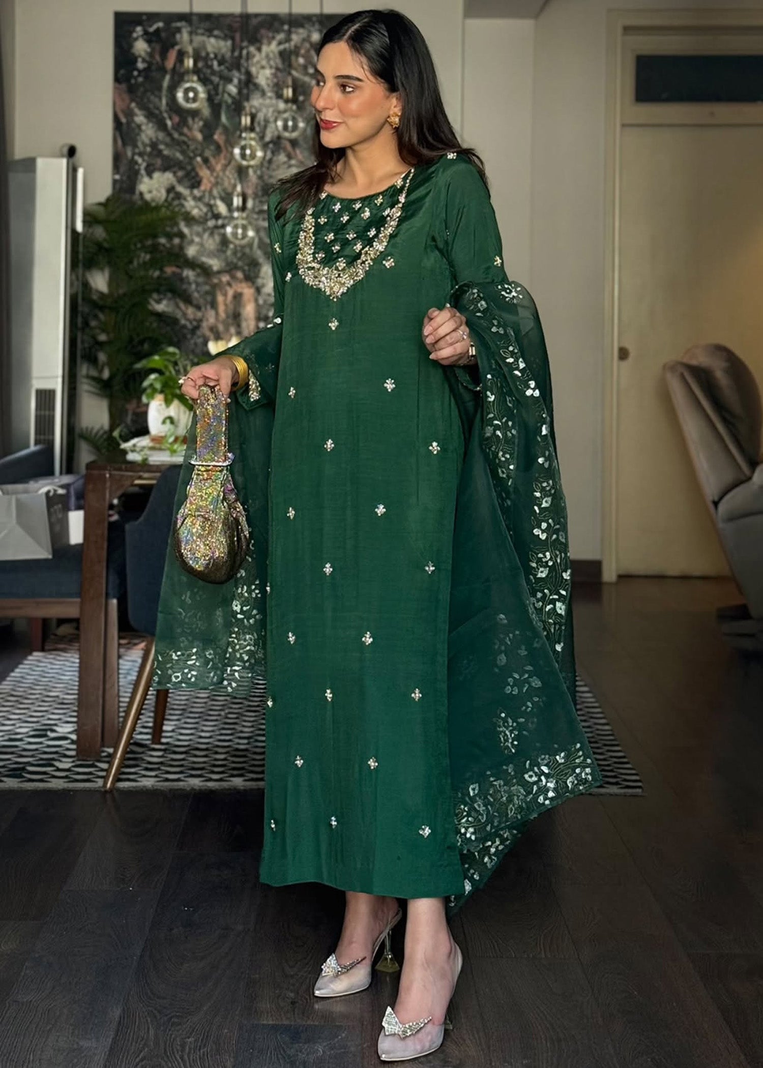 raw silk Kurta Set in Bottle green