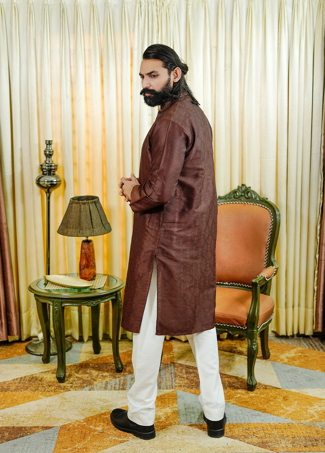 traditional jamawar Kurta in Brown