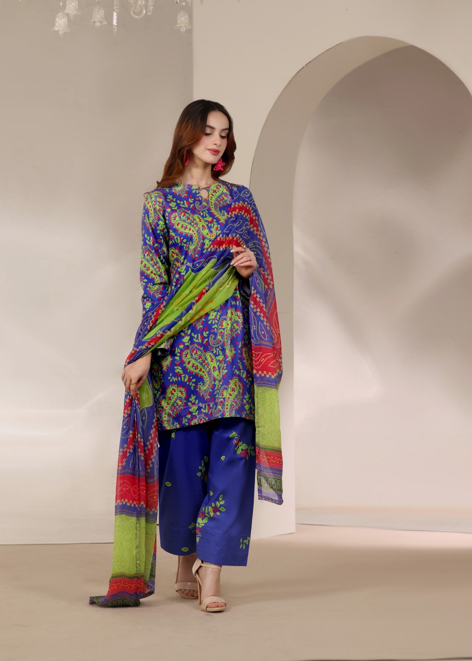 lawn Kurta Set in Apple green, dark blue