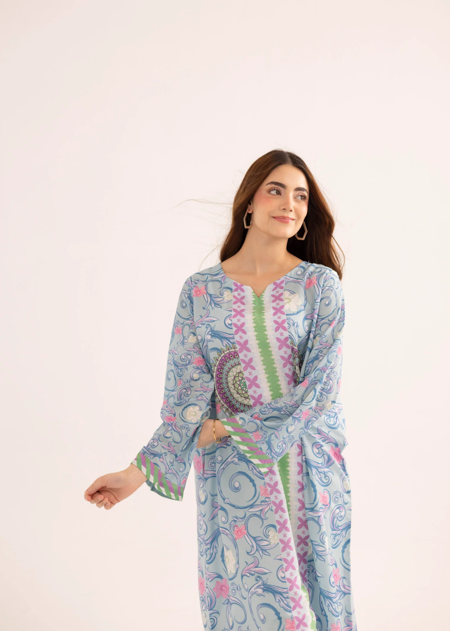 silk finish lawn Kaftan in Ice blue
