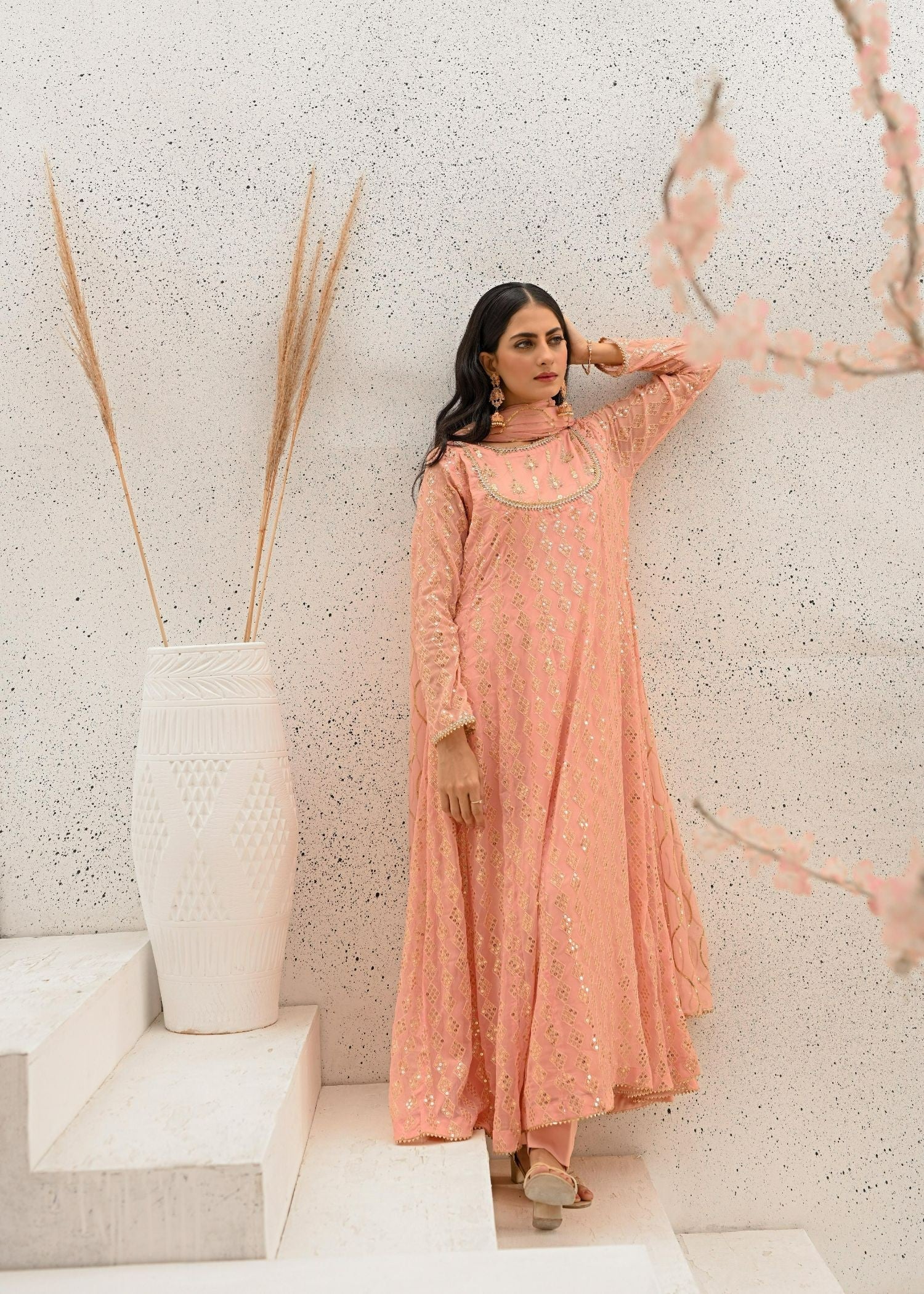 chiffon Anarkali in Peach pink
