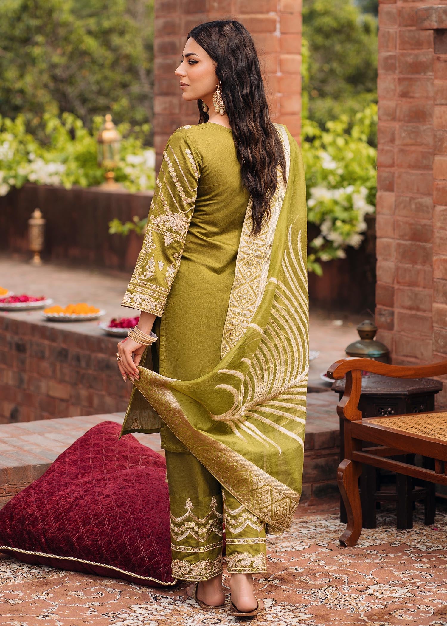 chambray Kurta Set in Olive green