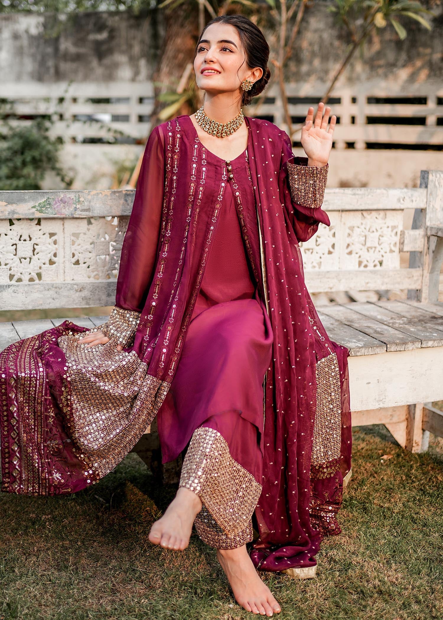 chikankari cotton Gown in Plum