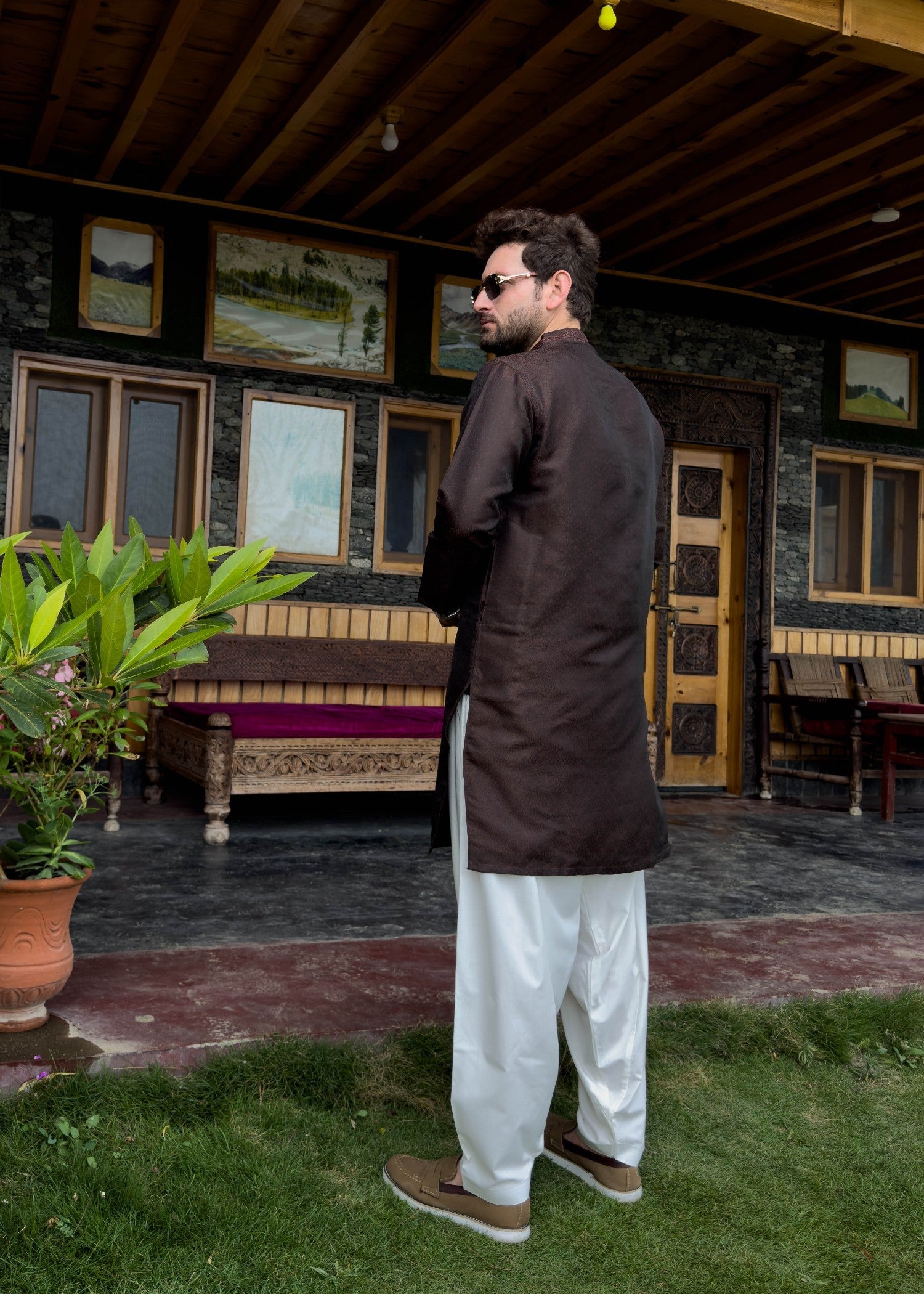 traditional jamawar Kurta in Cinnamon brown