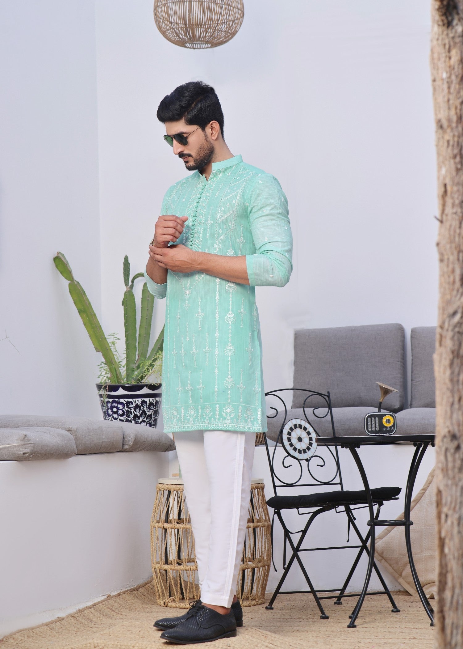 khaddi net Kurta Set in Sky blue