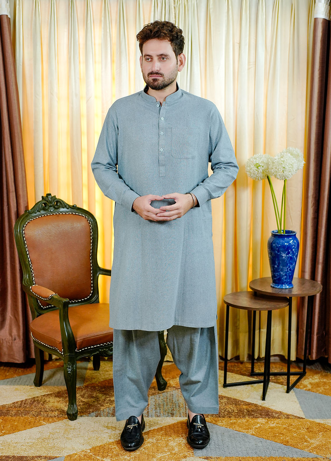 blended wool Shalwar Kameez in Frost blue