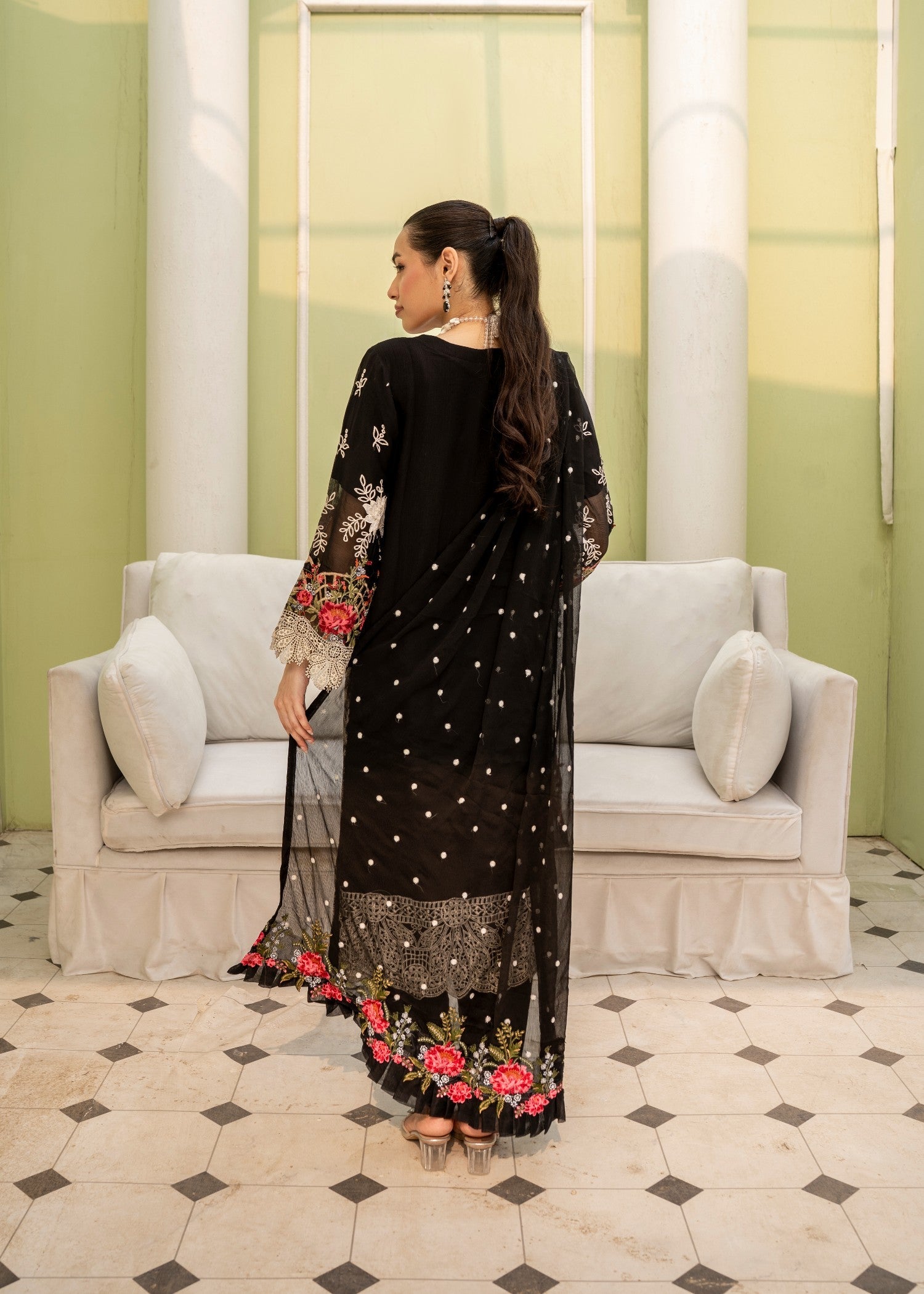 crinkle chiffon Kurta Set in Black