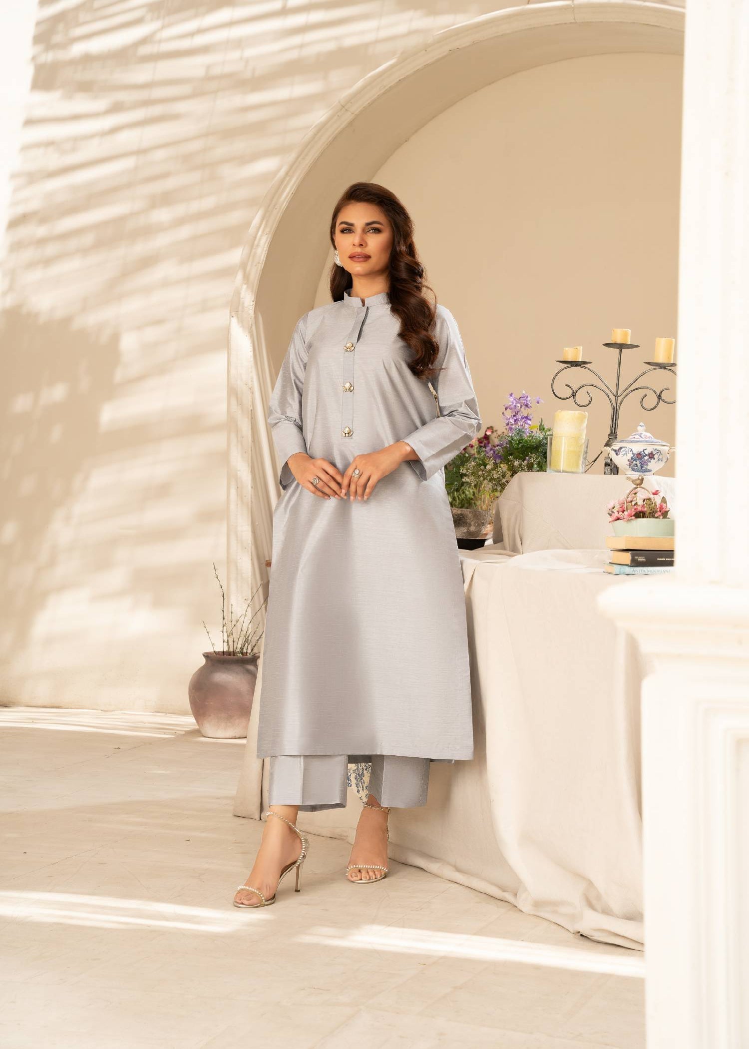 poly silk Kurta Set in Grey
