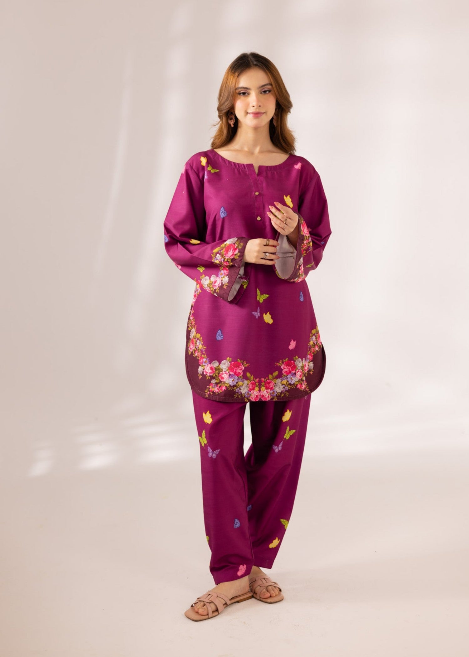 slub khaddar Co Ord Sets in Violet red