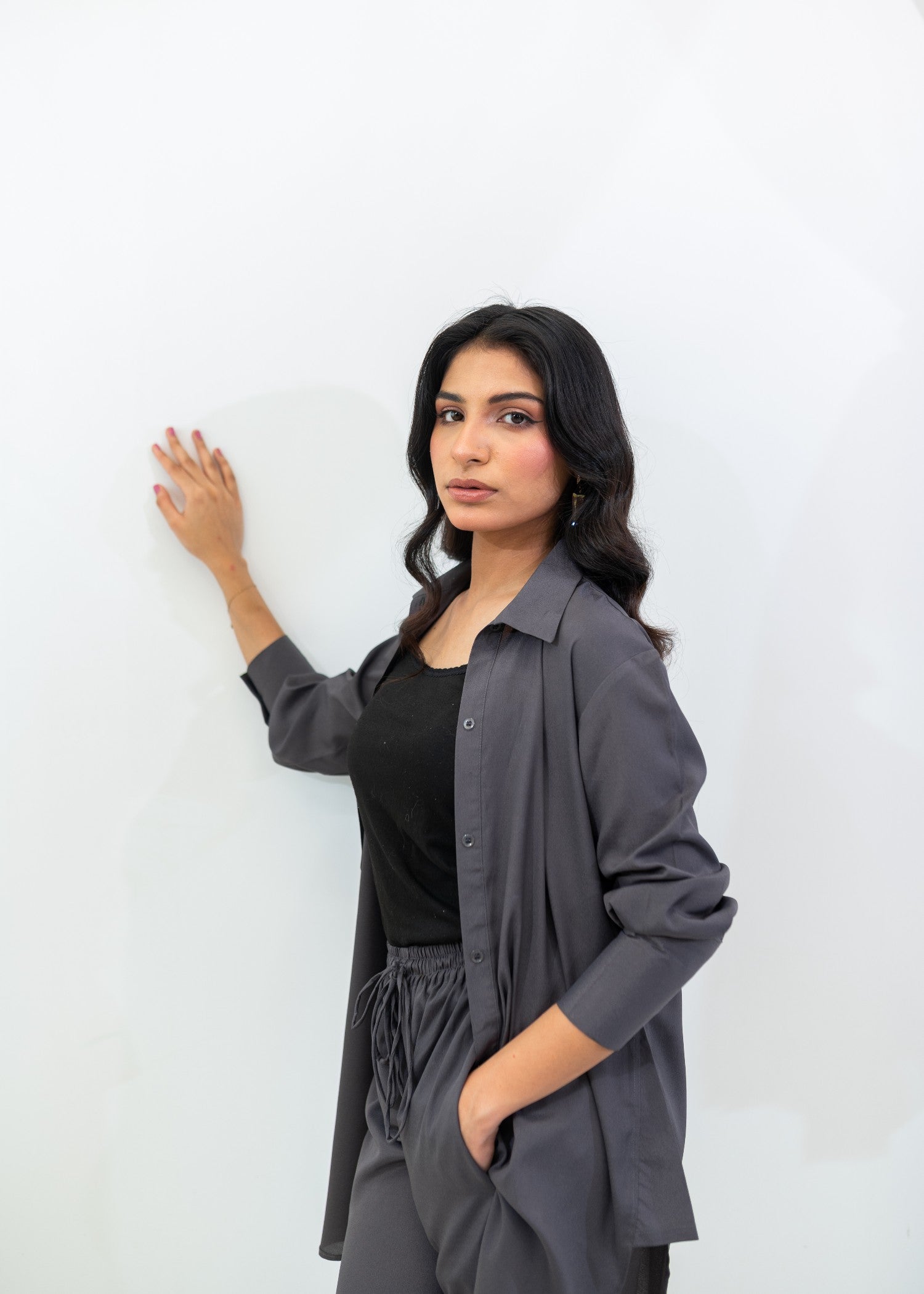 polyester crepe Co Ord Sets in Charcoal