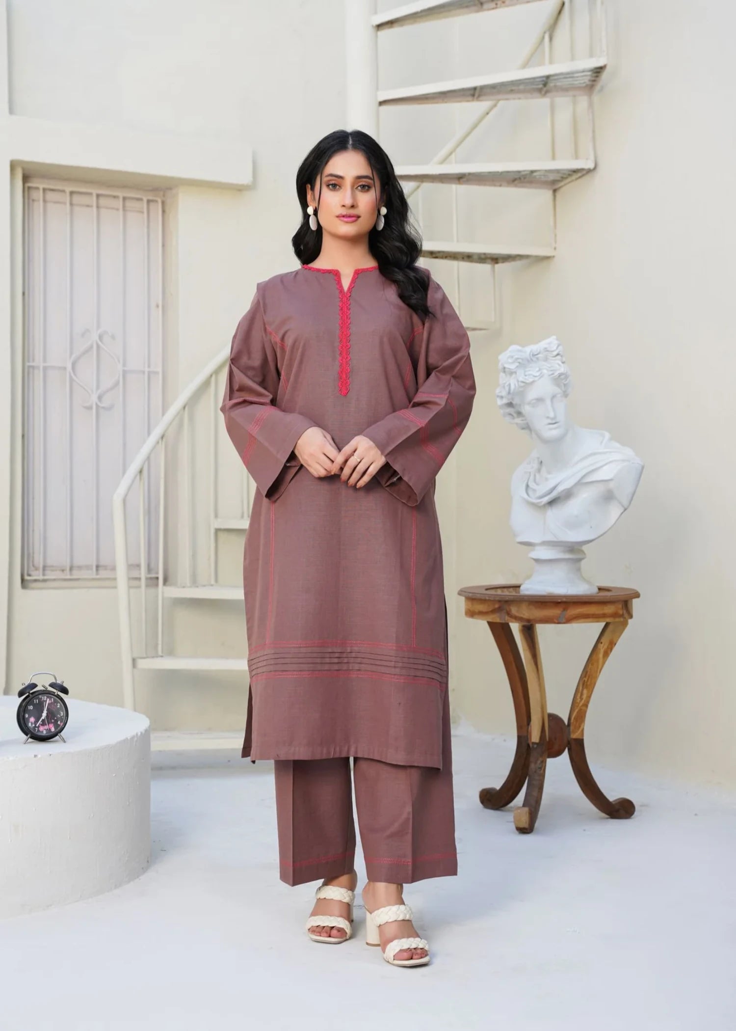 slub khaddar Kurta Set in Mocha brown