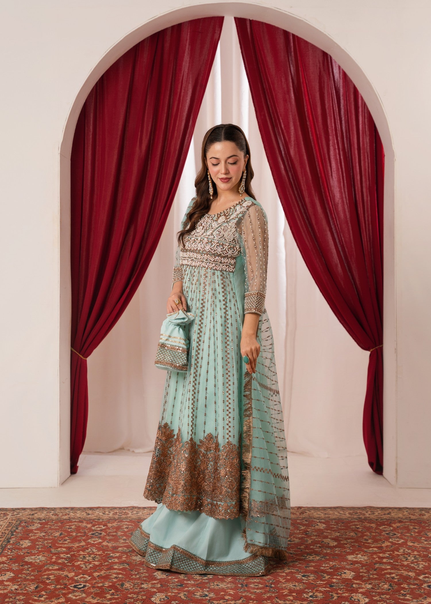 zari net Anarkali in Light blue