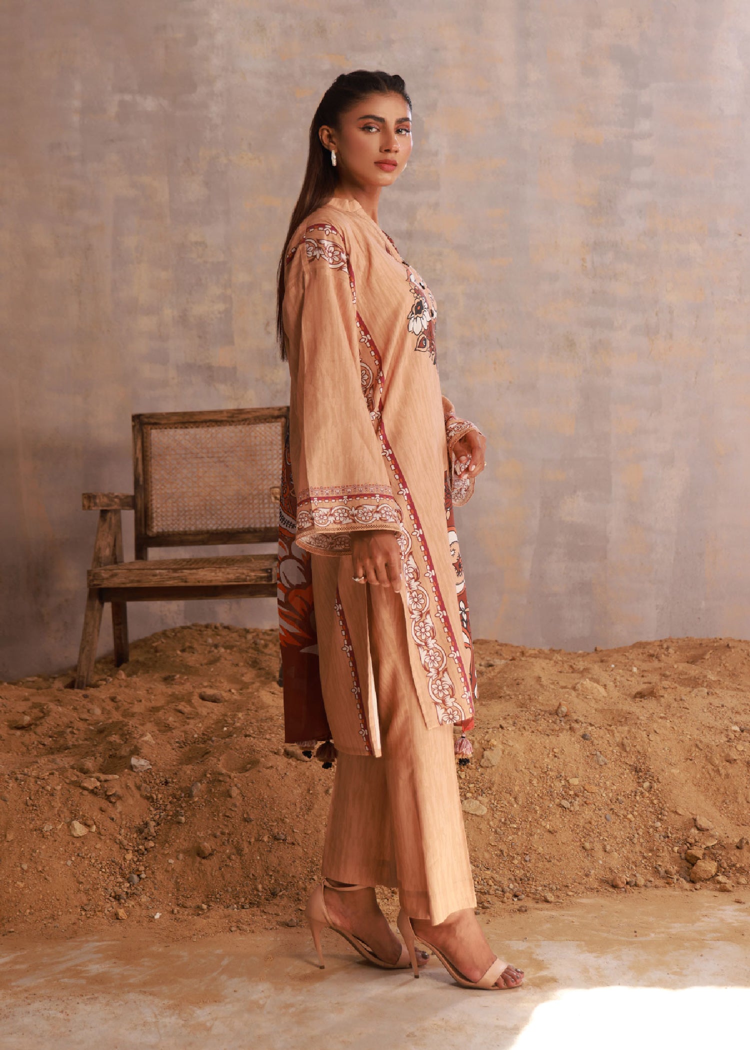 cambric Kurta Set in Peach pink
