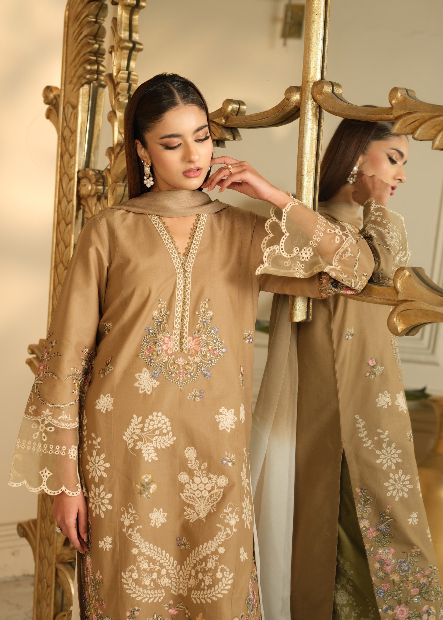 cambric cotton Kurta Set in Beige