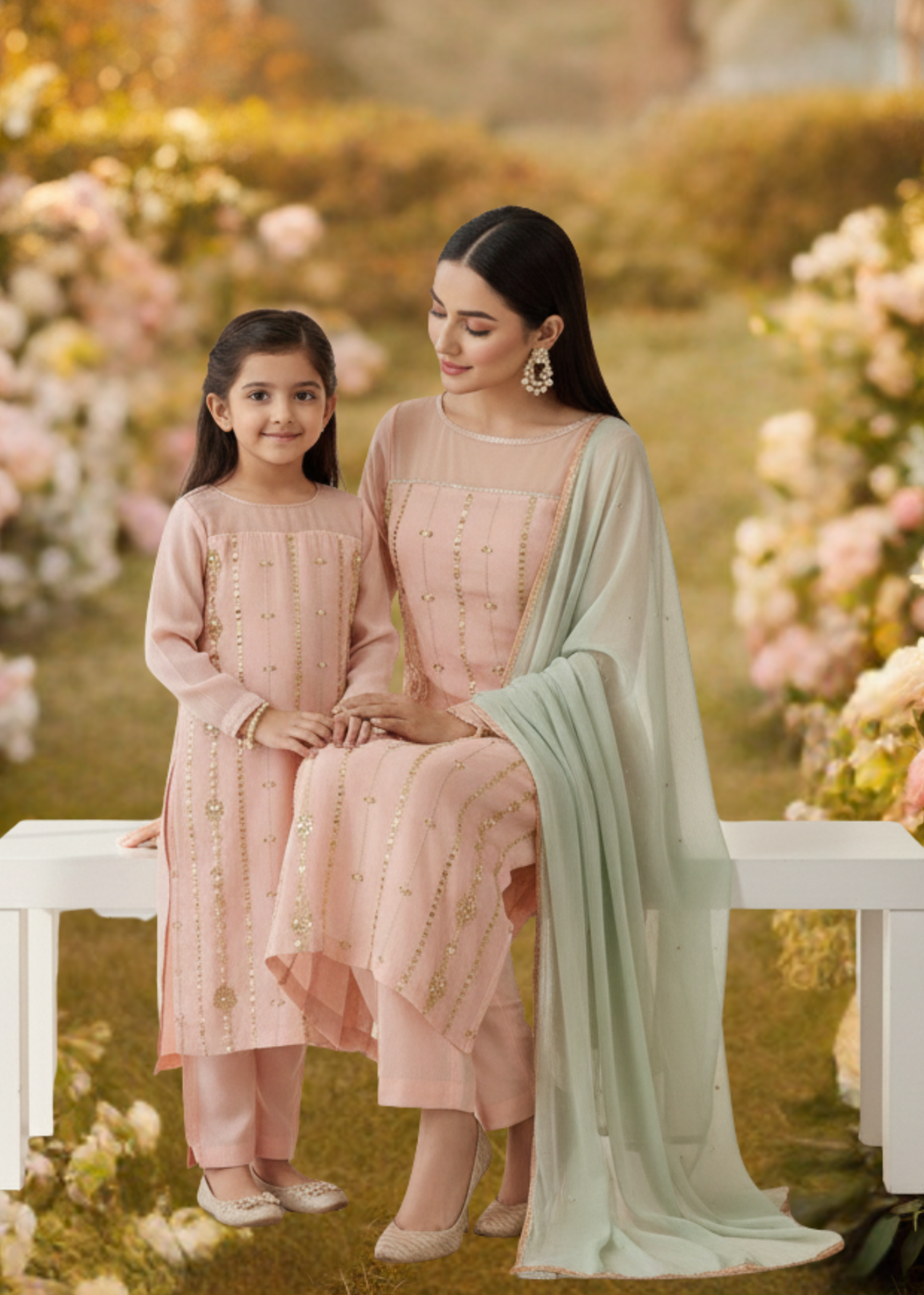 chiffon Kurta Set in Peach pink, pastel green