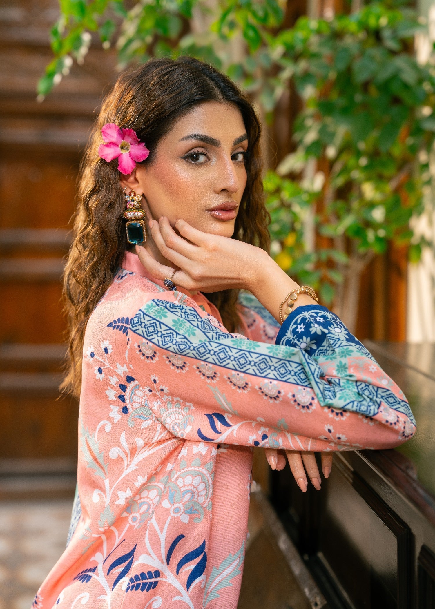 poly lawn Kurta Set in Peach pink
