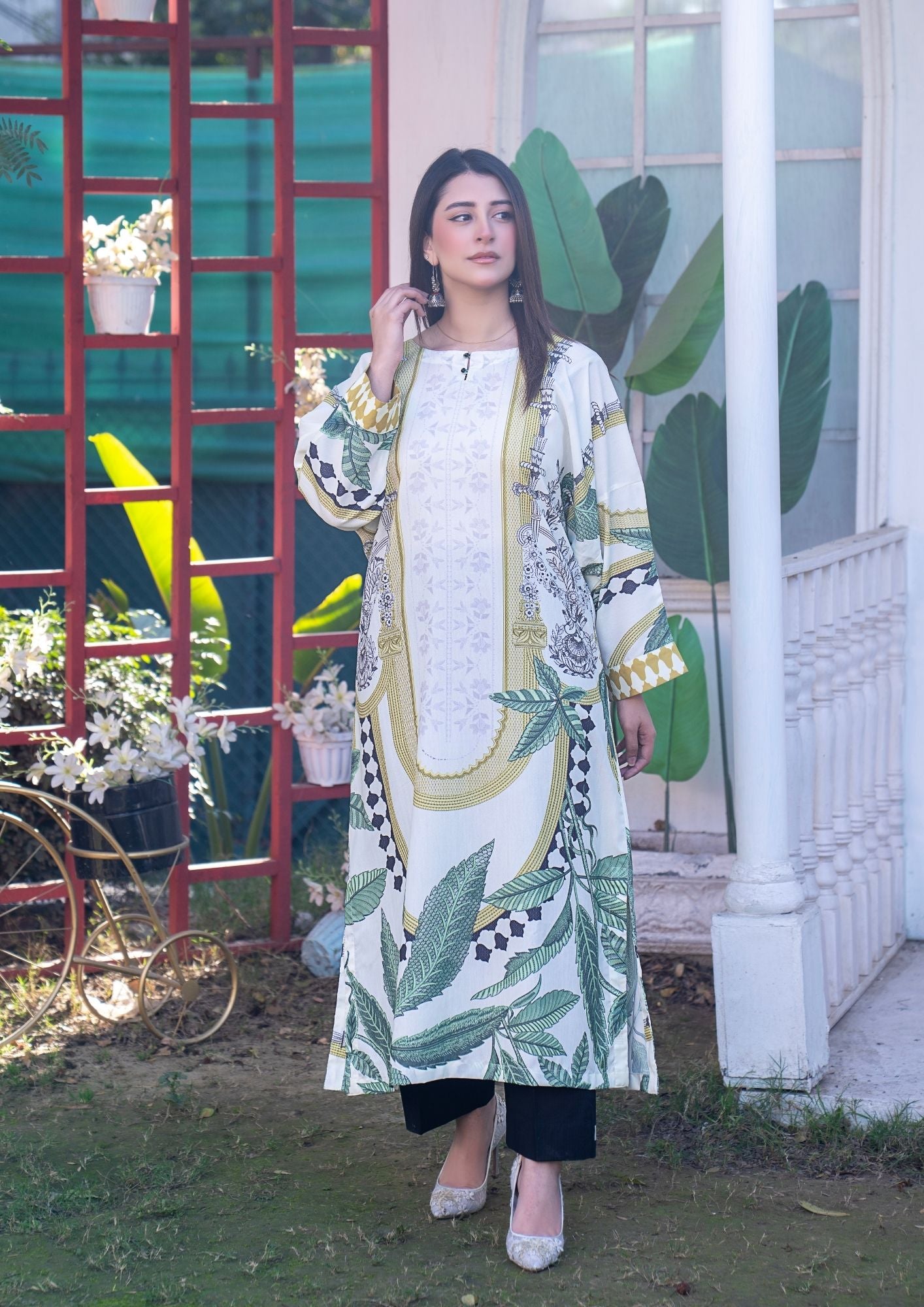 arabic lawn Kurta Set in Beige, olive green