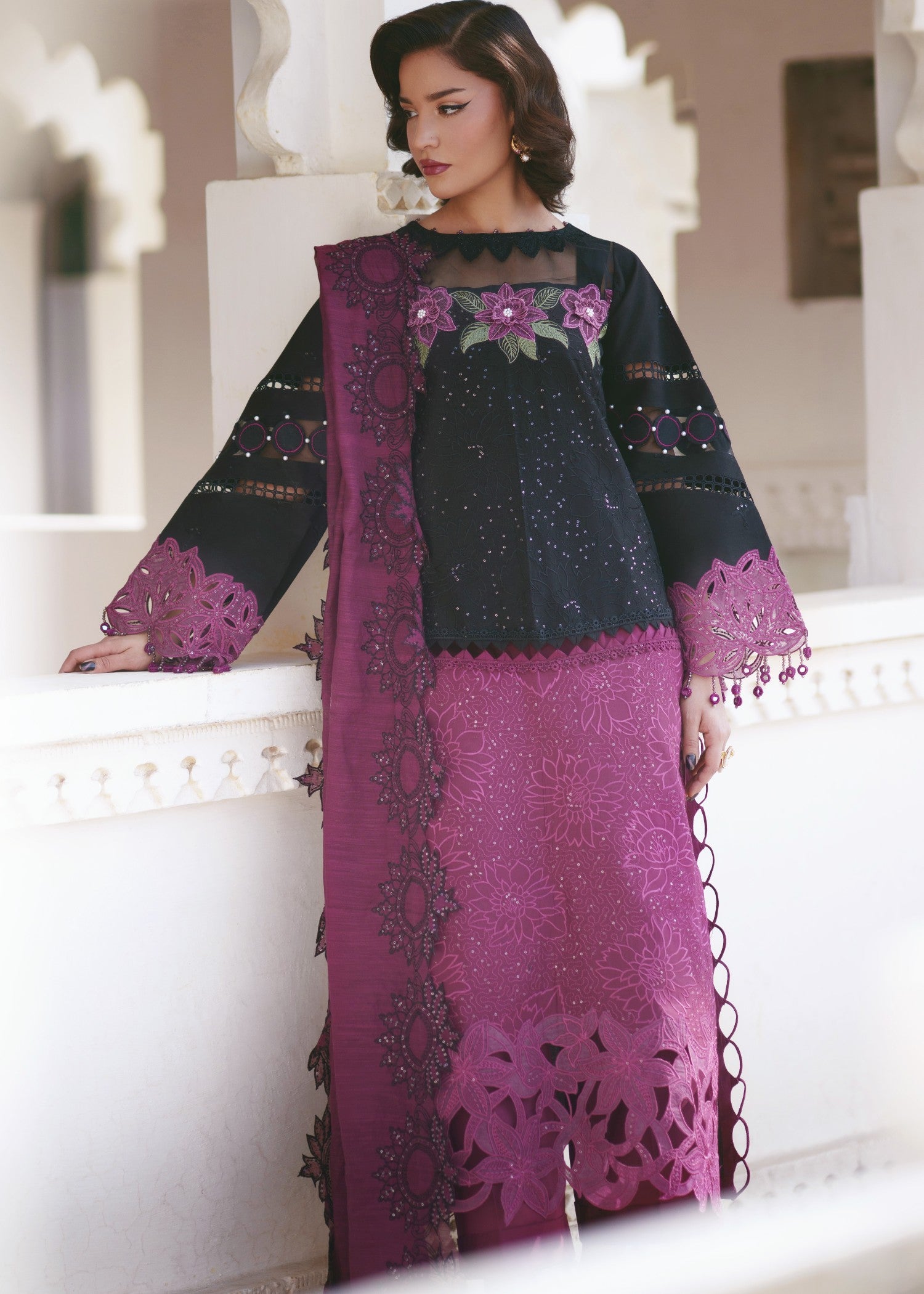 lawn Unstitched in Black, red violet