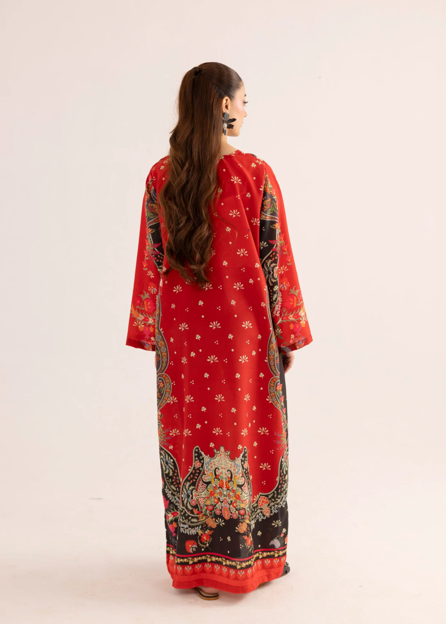 silk finish lawn Kaftan in Sunset orange