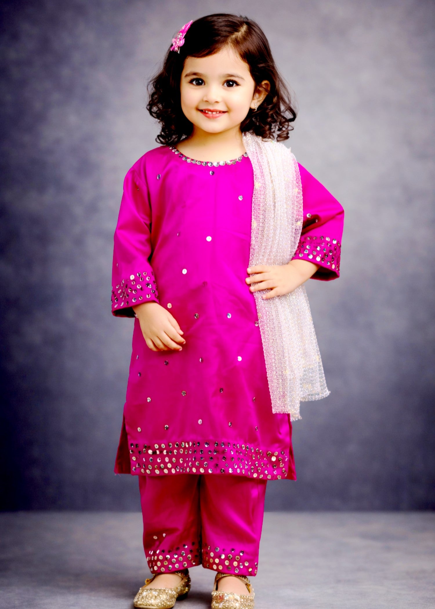 silk Kurta Set in Silver, shocking pink